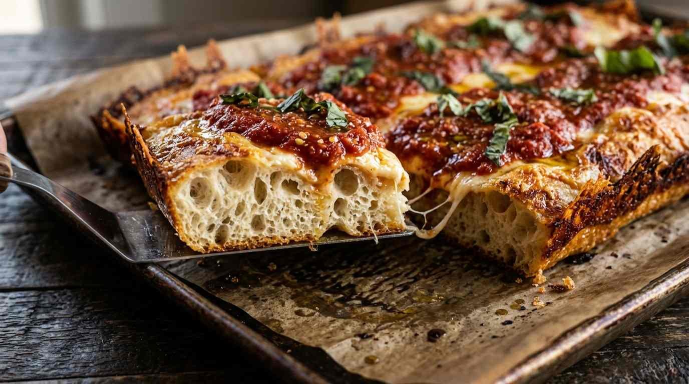 A square of upside-down Sicilian pizza lifted from the pan, sauce on top of the cheese with an airy crumb