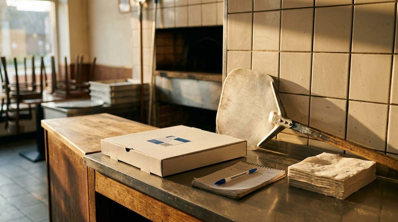 An empty pizzeria counter at golden hour with a pizza box, a spiral notepad and a steel peel