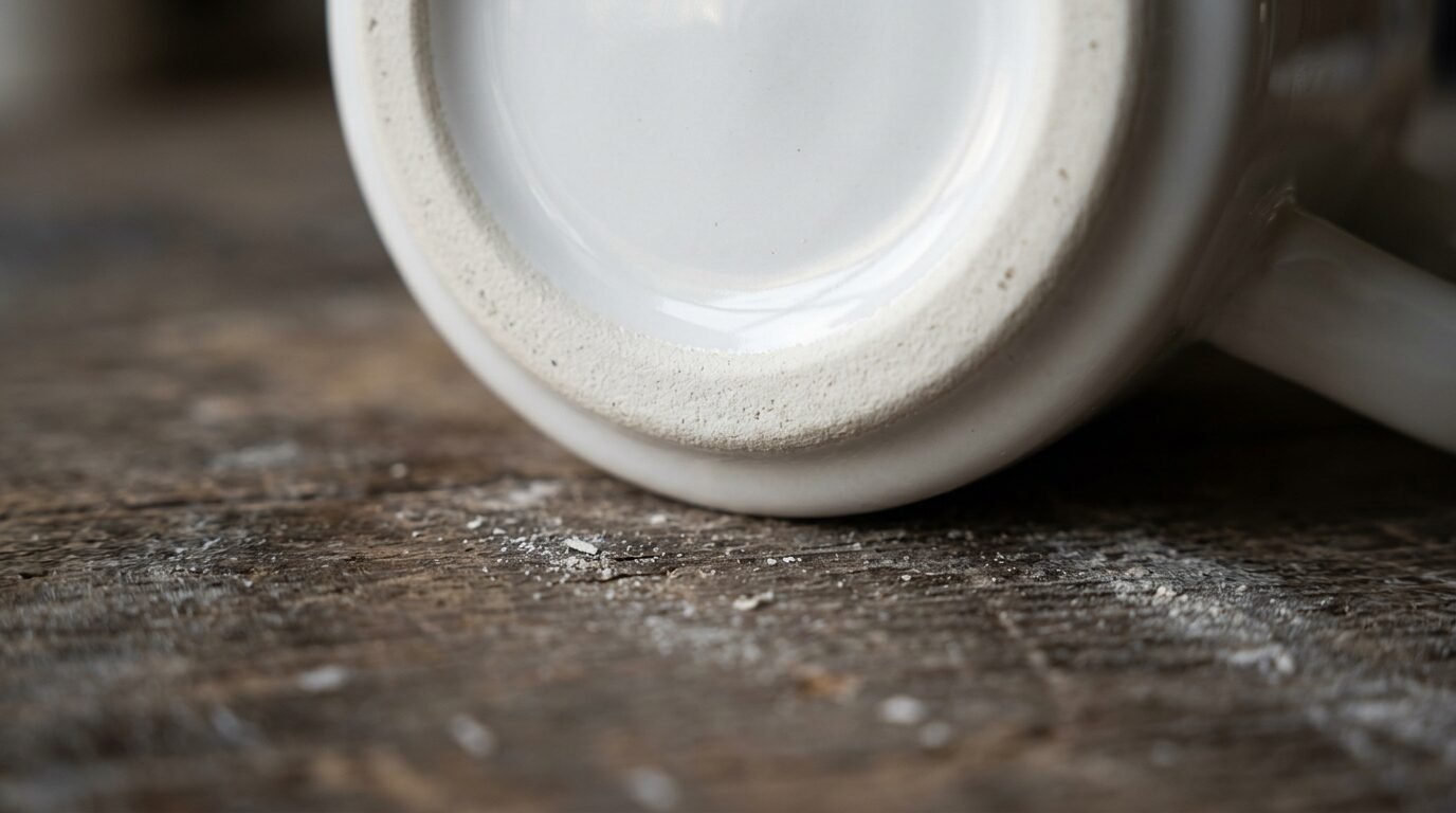 The unglazed ring on the foot of a heavy white porcelain diner mug