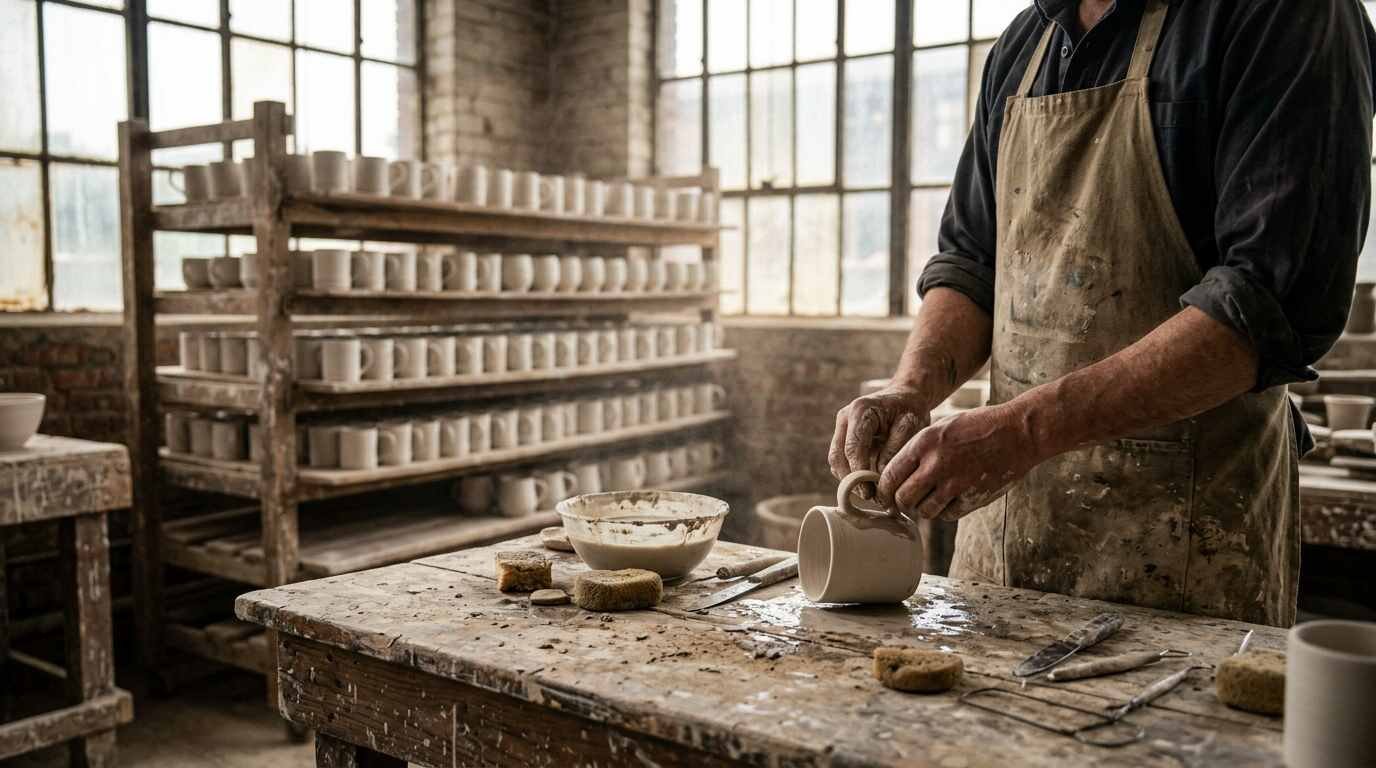 A potter's hands pressing a handle onto a white porcelain mug in a 1940s-style workshop