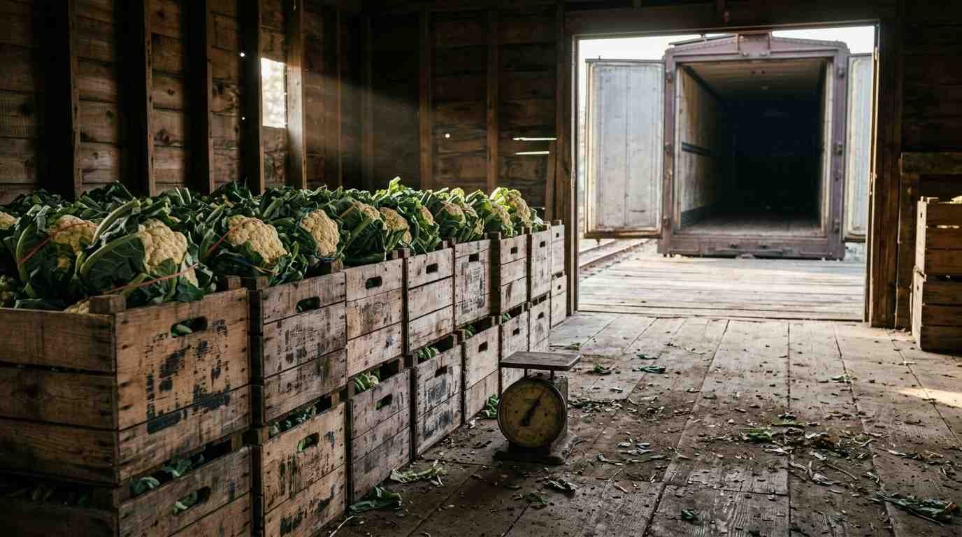 Wooden crates of cauliflower stacked in an old produce auction shed in Riverhead beside a rail platform