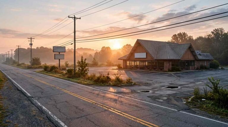 A roadside pancake-house style restaurant with an empty parking lot at sunrise along a state route