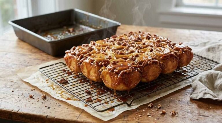 Pan of golden sticky buns inverted onto a rack with caramel and pecans