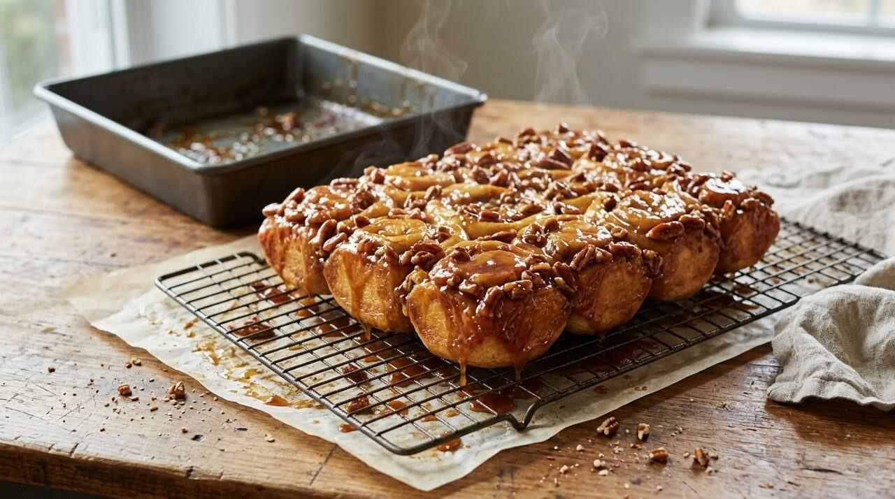 Pan of golden sticky buns inverted onto a rack with caramel and pecans
