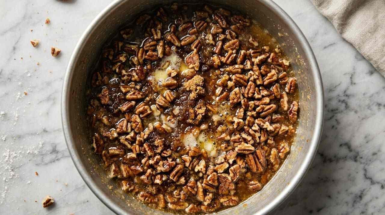 Round baking pan lined with brown sugar, butter, syrup and pecans before the buns go in