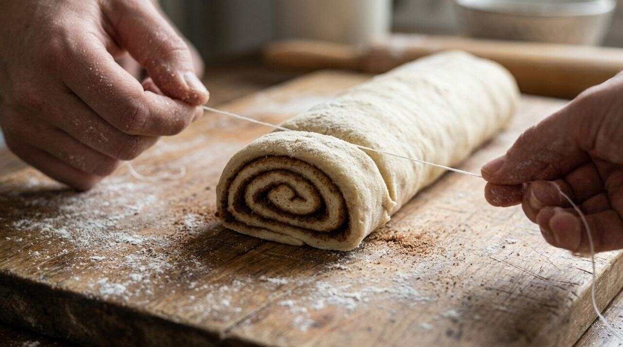 Cinnamon dough log being cut into rounds with dental floss