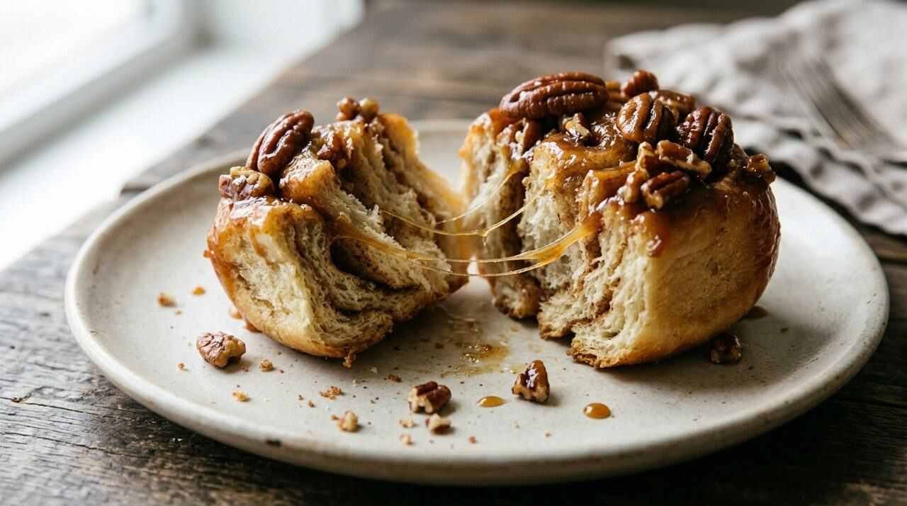 A sticky bun pulled apart with stretching caramel on a plate