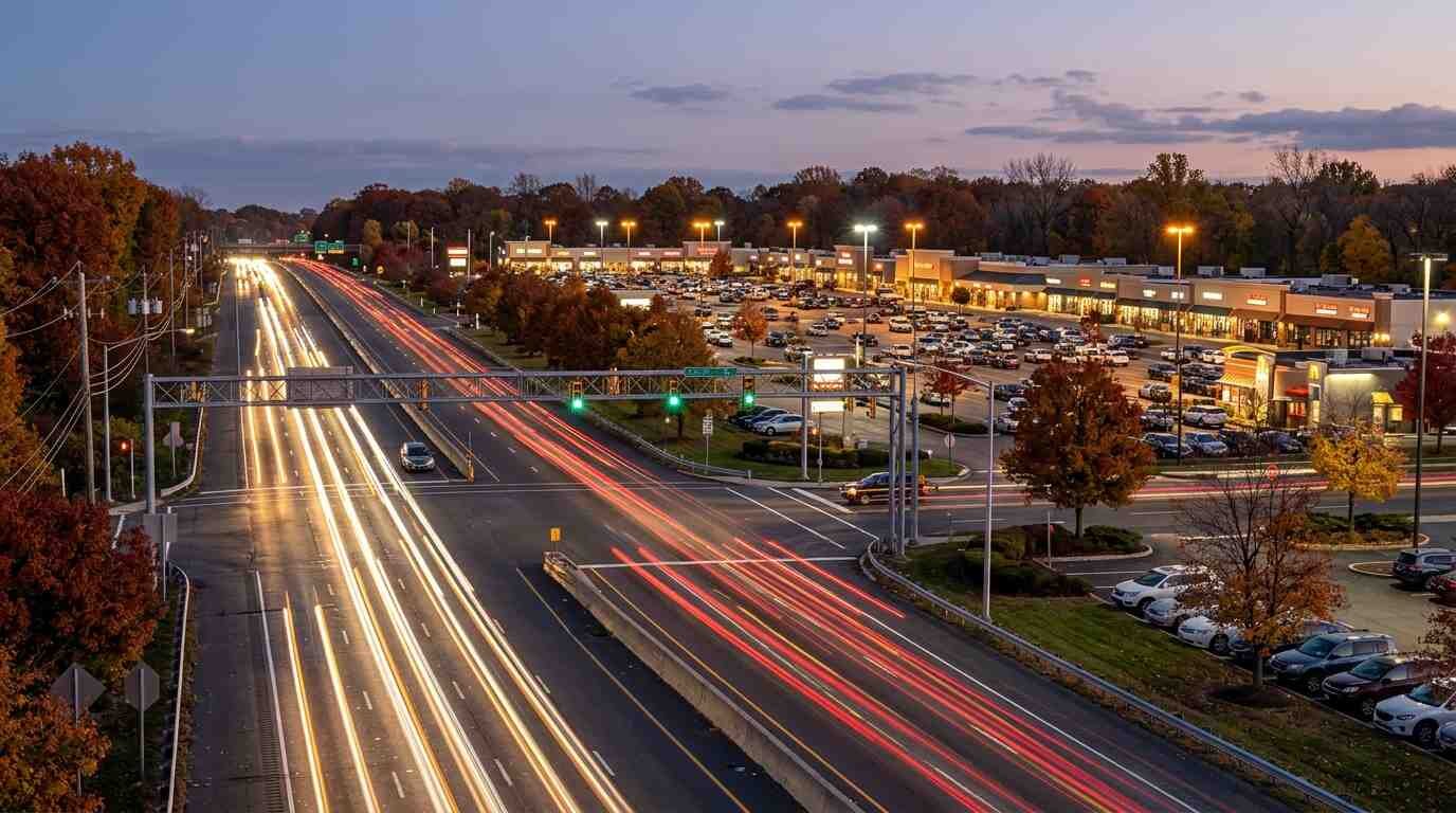 A suburban highway lined with a shopping center and autumn trees at dusk with light trails from traffic