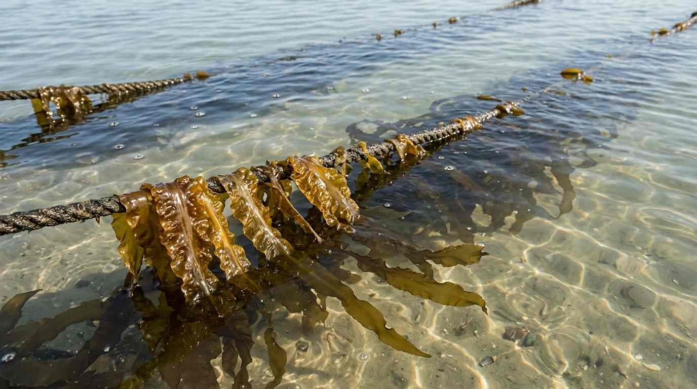 Ribbons of sugar kelp growing on rope lines just under the surface of shallow bay water