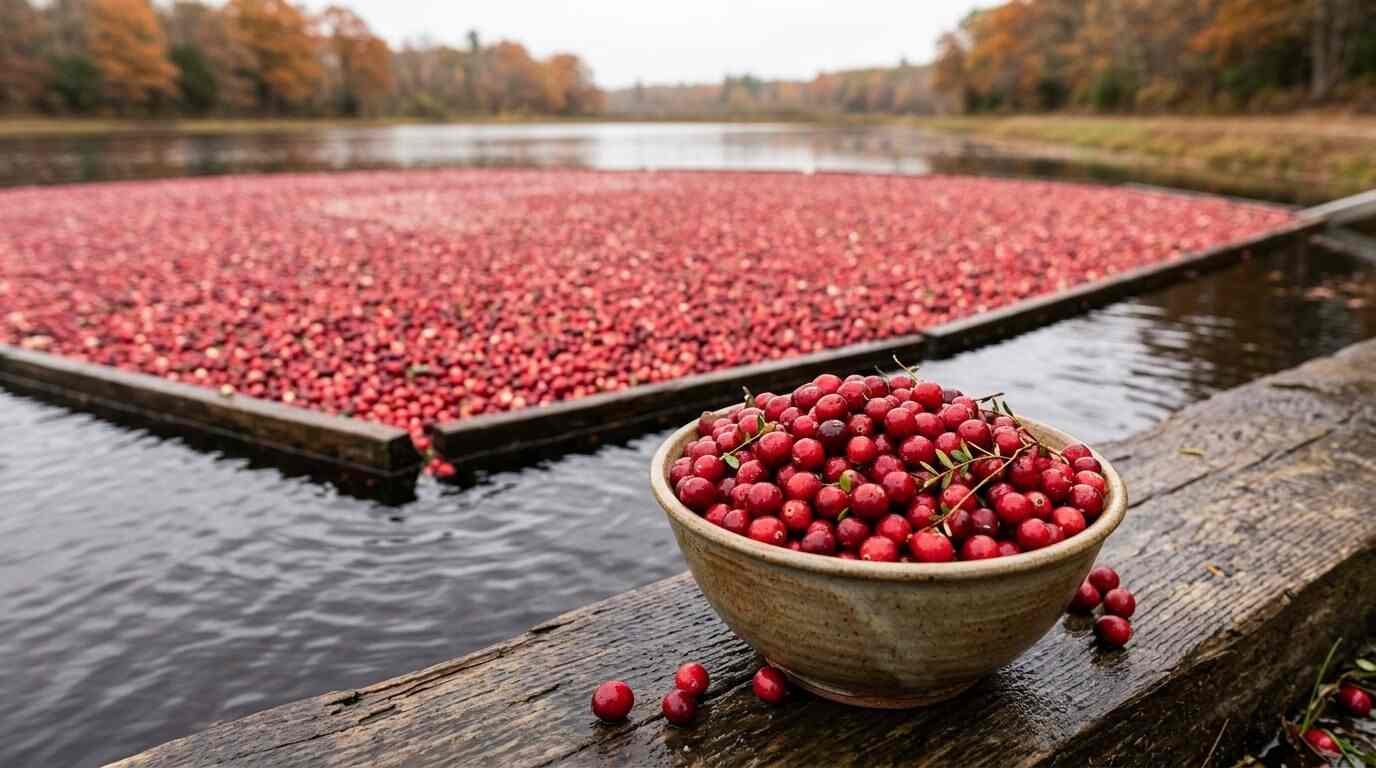 Fresh red cranberries in a bowl beside a cranberry bog harvest