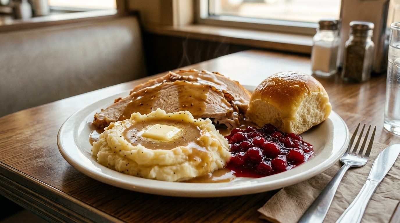 Diner-style Thanksgiving plate with turkey, cranberry sauce, gravy and mashed potatoes
