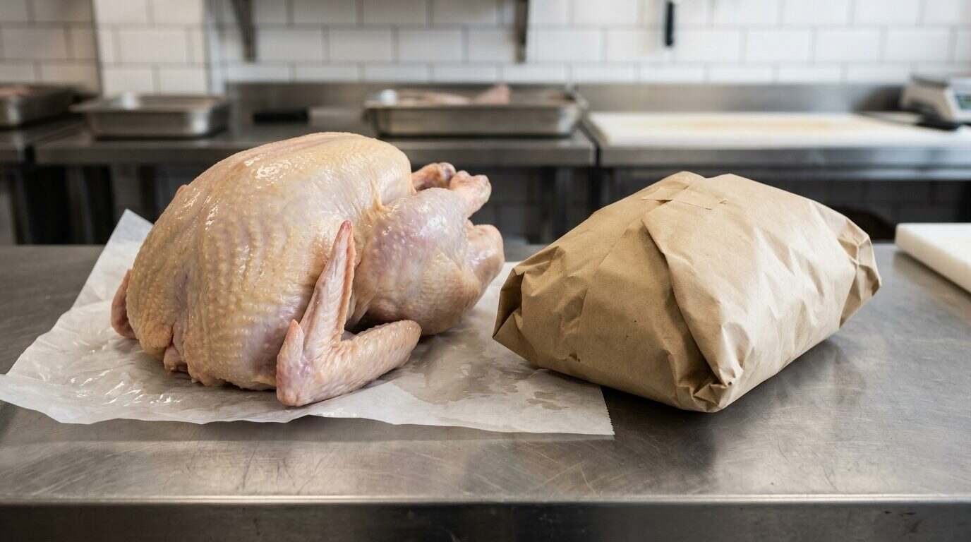 Whole raw turkey on a grocery counter ahead of Thanksgiving