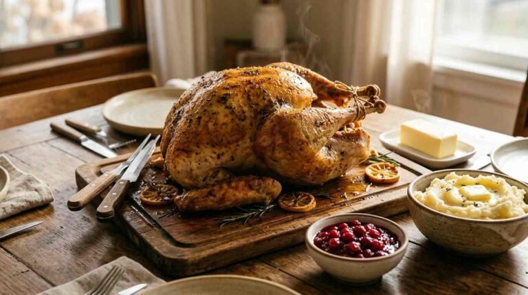 Roasted Thanksgiving turkey on a carving board with cranberries and mashed potatoes