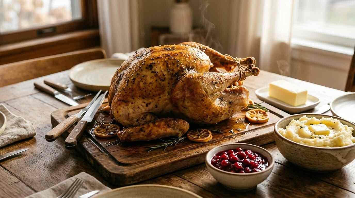 Roasted Thanksgiving turkey on a carving board with cranberries and mashed potatoes