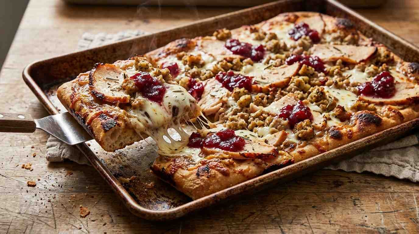 A grandma-style pizza topped like a Thanksgiving plate with turkey, stuffing and cranberry sauce