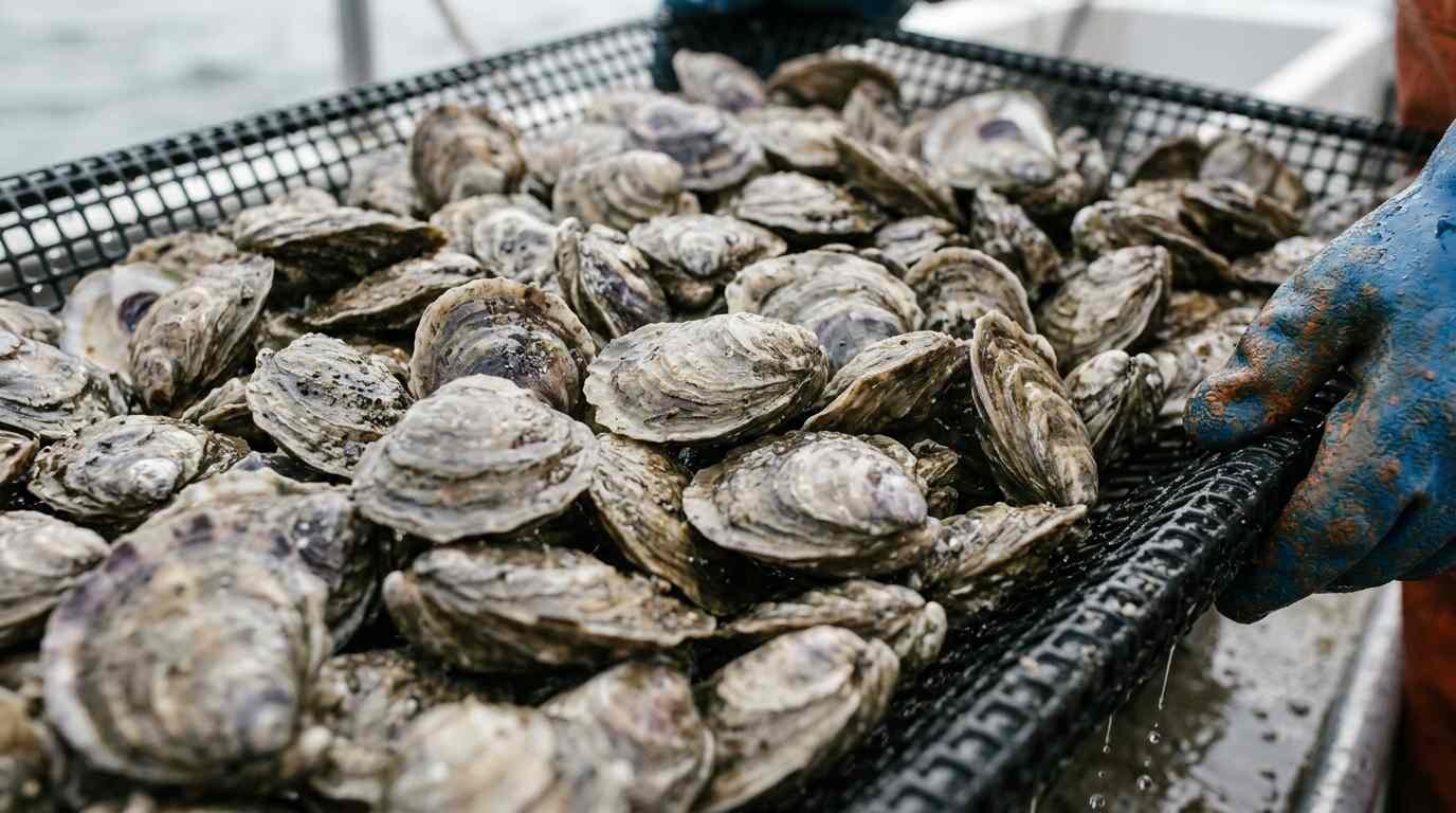 A gloved hand holding a mesh tray of freshly tumbled Eastern oysters with seawater droplets