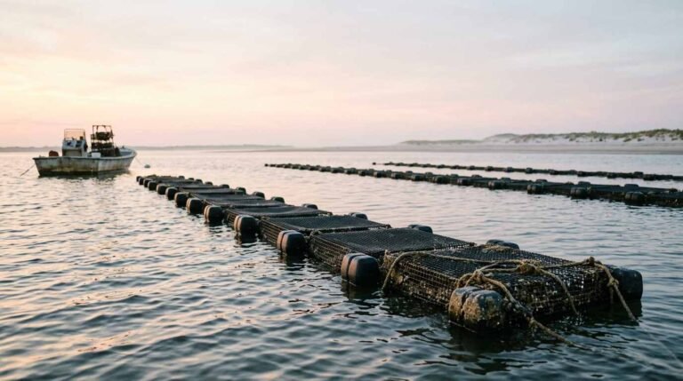 Floating oyster cages on a calm Long Island bay at first light with a small work boat in the distance