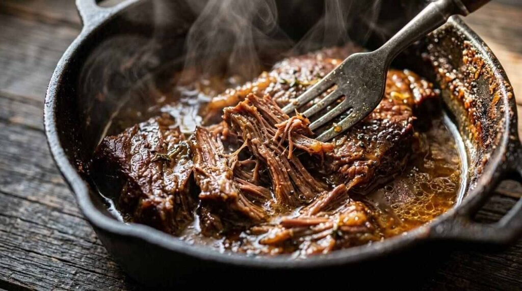 Fork-tender braised chuck pulled apart in a cast-iron pot