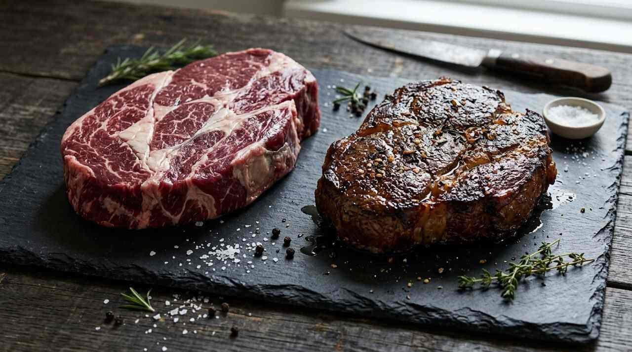 Raw chuck roast with connective tissue next to a seared piece