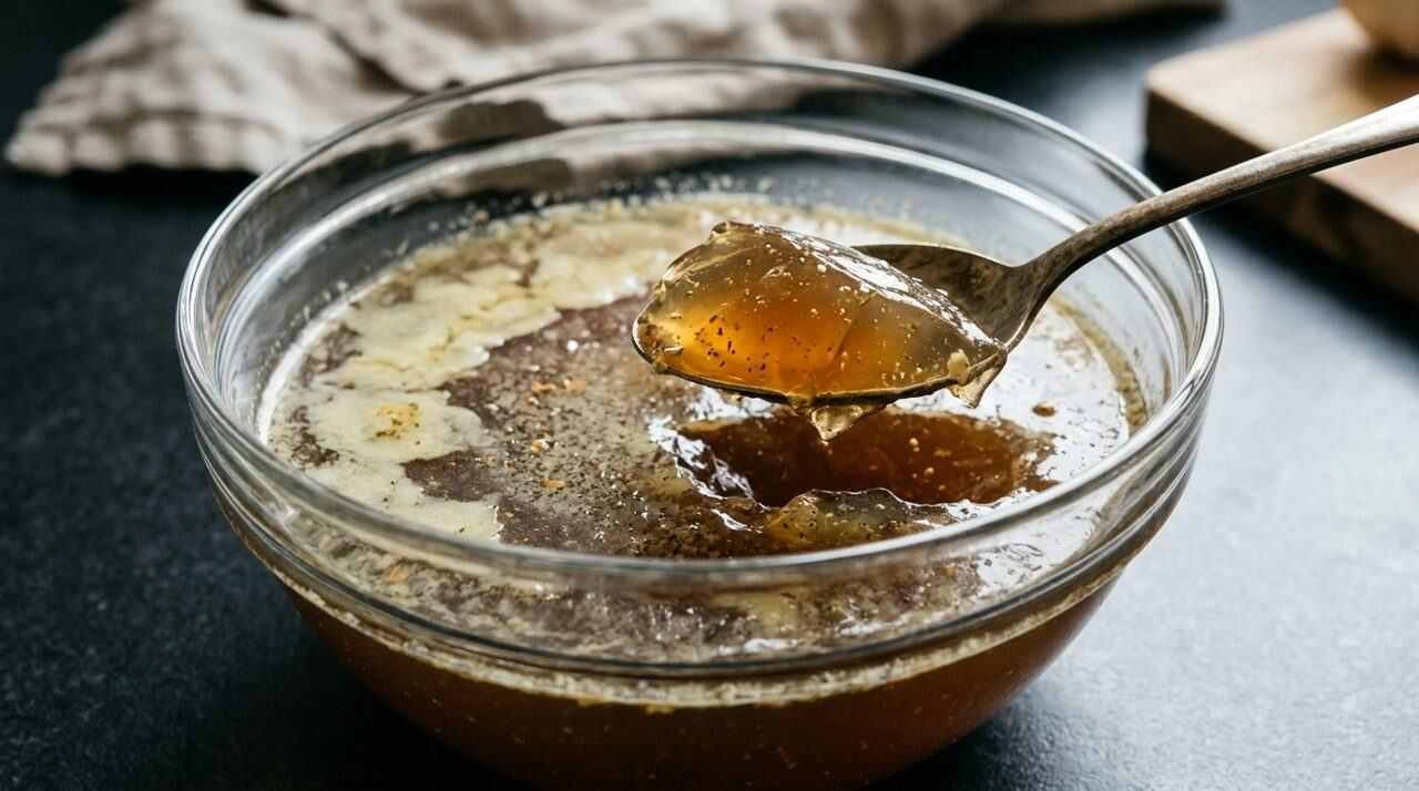 Chilled braising liquid set into gelatin in a glass bowl