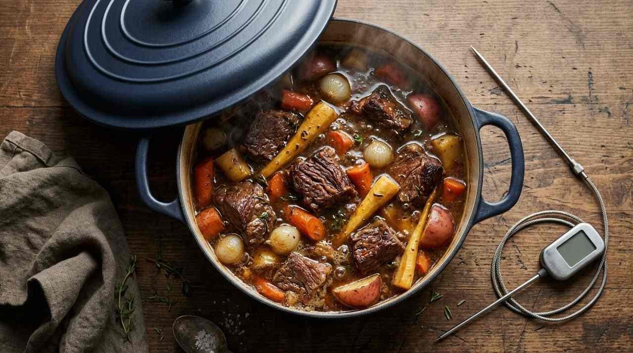 Dutch oven with lid ajar over braising beef and vegetables